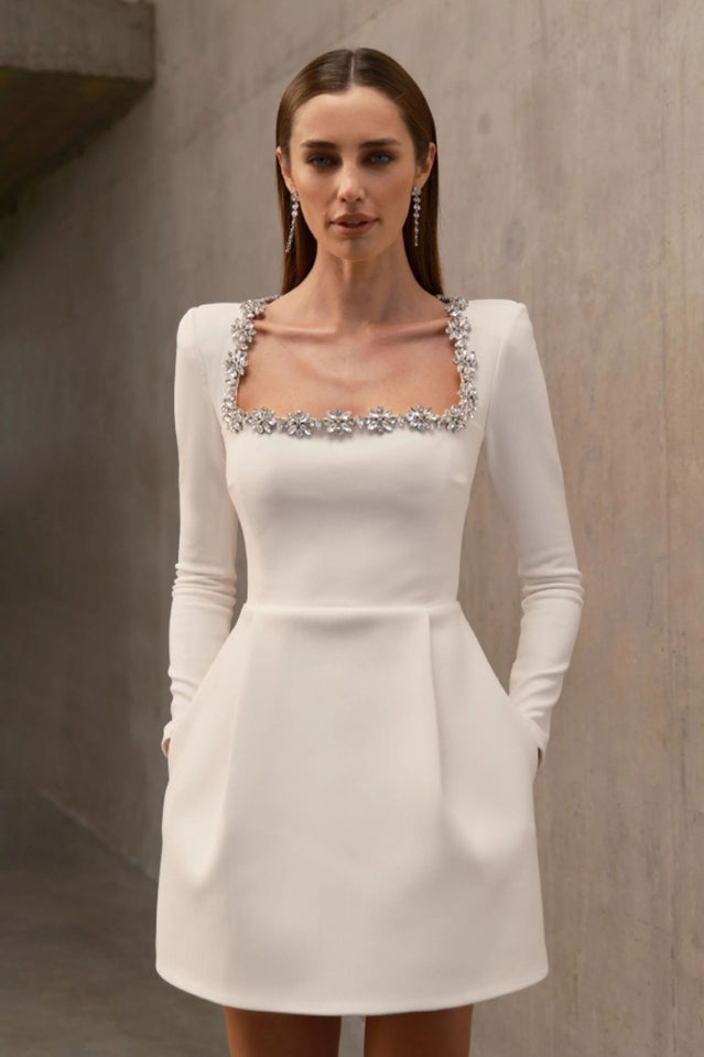 Rhinestone Trim Square Neck Long Sleeve Pleated Pocket Mini Dress - View 6