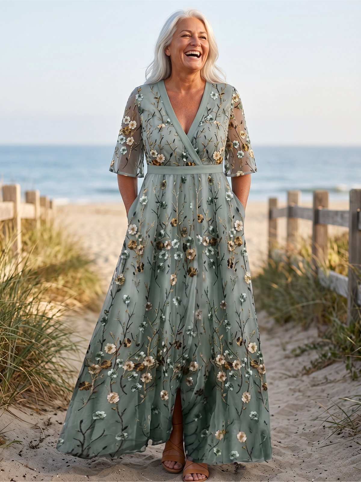 Floral Print V-Neck Striped Waist Half Sleeve Maxi Dress 3