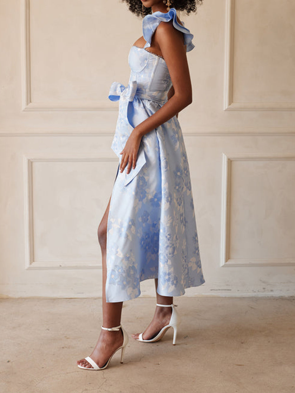 Floral Sweetheart Ruffle Strap Bow Waist High Split Midi Dress 4