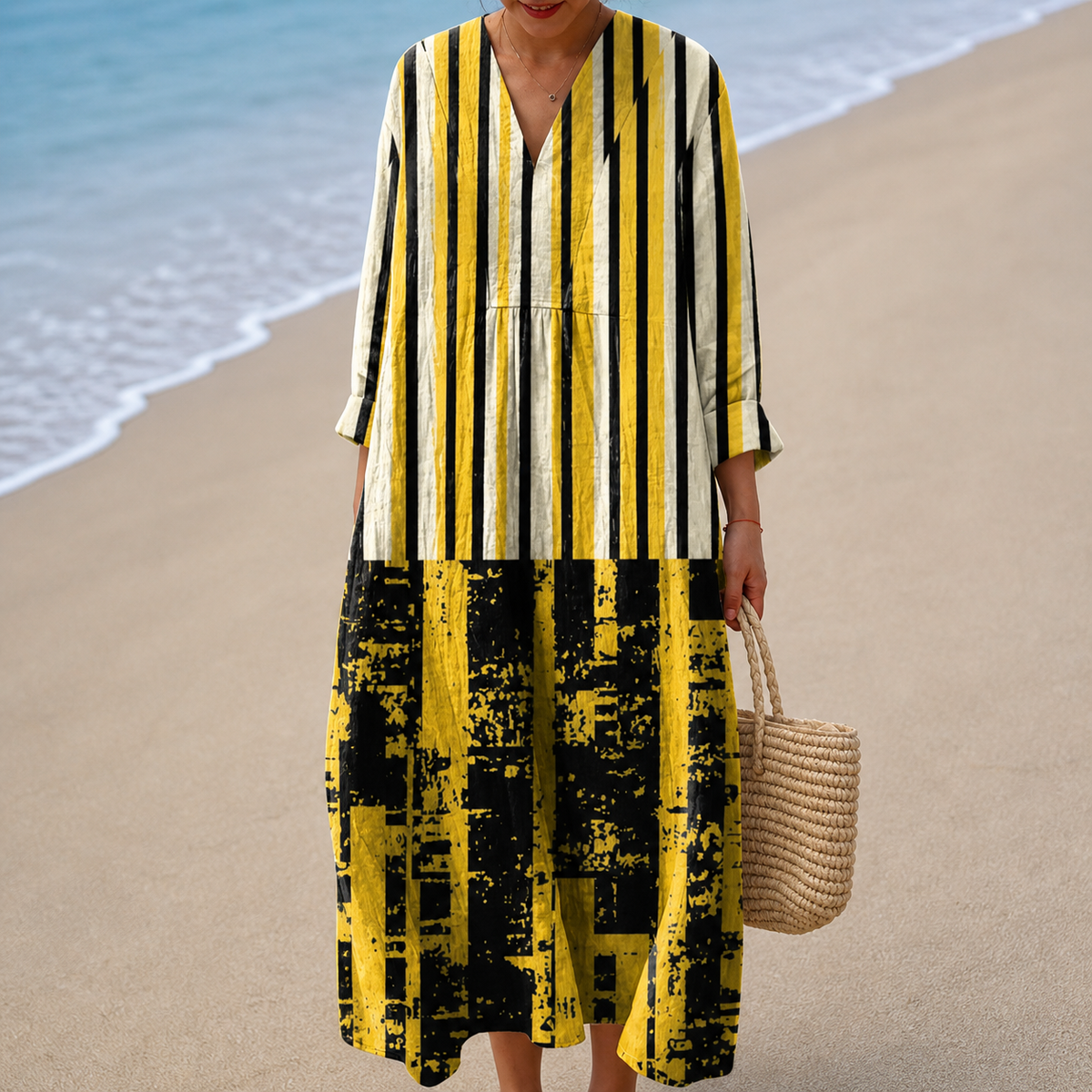 Abstract Stripe V-Neck Long Sleeve Maxi Dress