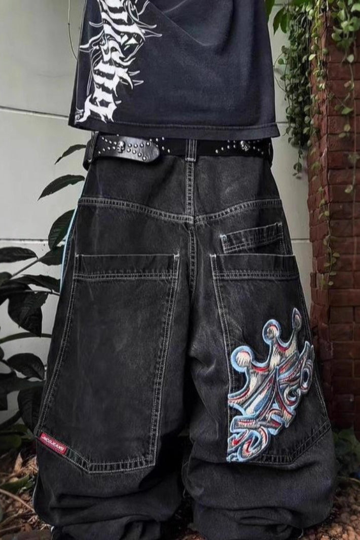 Embroidered Wide-Leg Denim Jeans