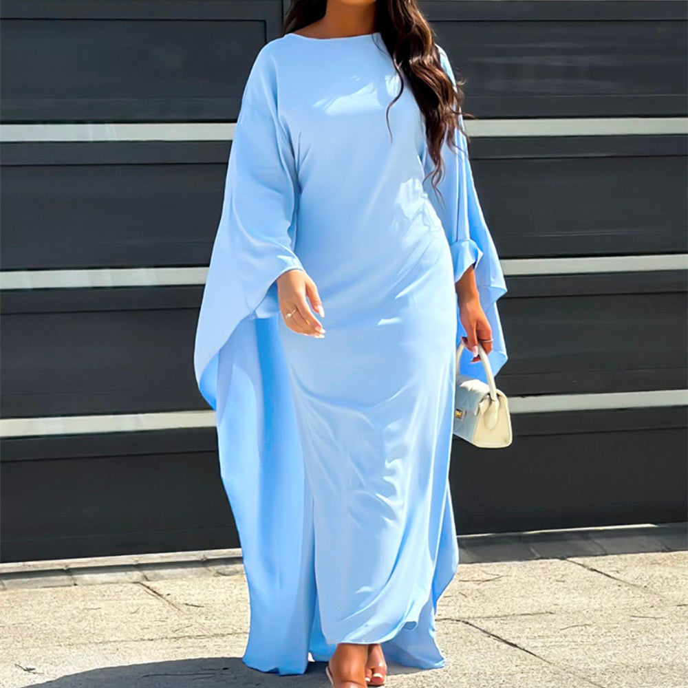 Pleated Satin Wide Sleeve High Neck Loose Kaftan Maxi Gown - View 3