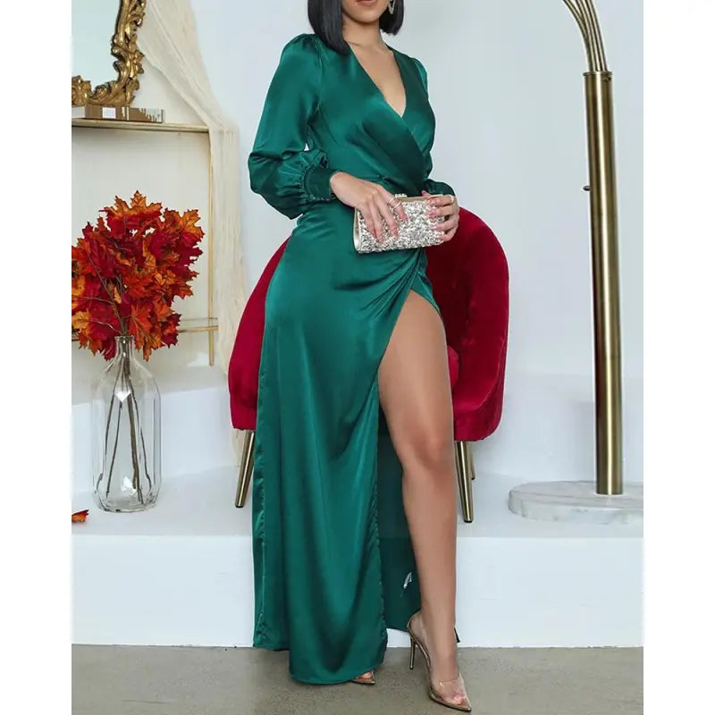 Alejandra Premium Dark Green Satin Midi Dress Wardrobe Essential - View 4