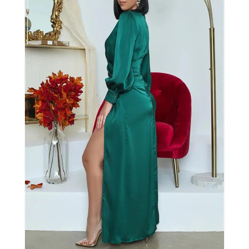Alejandra Premium Dark Green Satin Midi Dress Wardrobe Essential - View 3