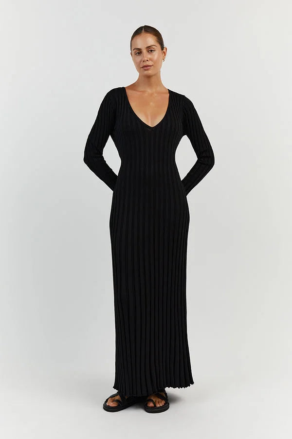 Rib Knit V-Neck Lettuce Hem Long Sleeve Bodycon Maxi Dress - View 7