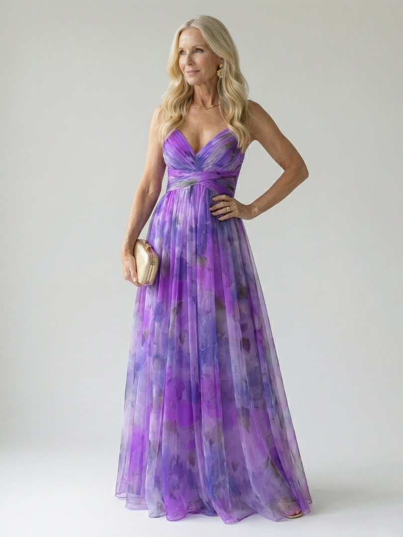 V-Neck Spaghetti Strap Floral Tulle Maxi Dress 14