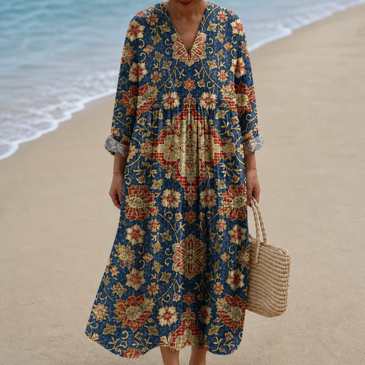 V-Neck Long Sleeve Boho Medallion Floral Maxi Dress