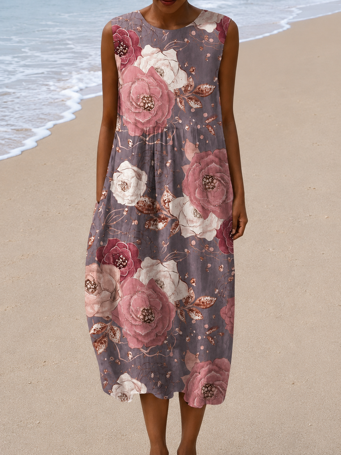 Rose Floral Print Round Neck Sleeveless Midi Dress
