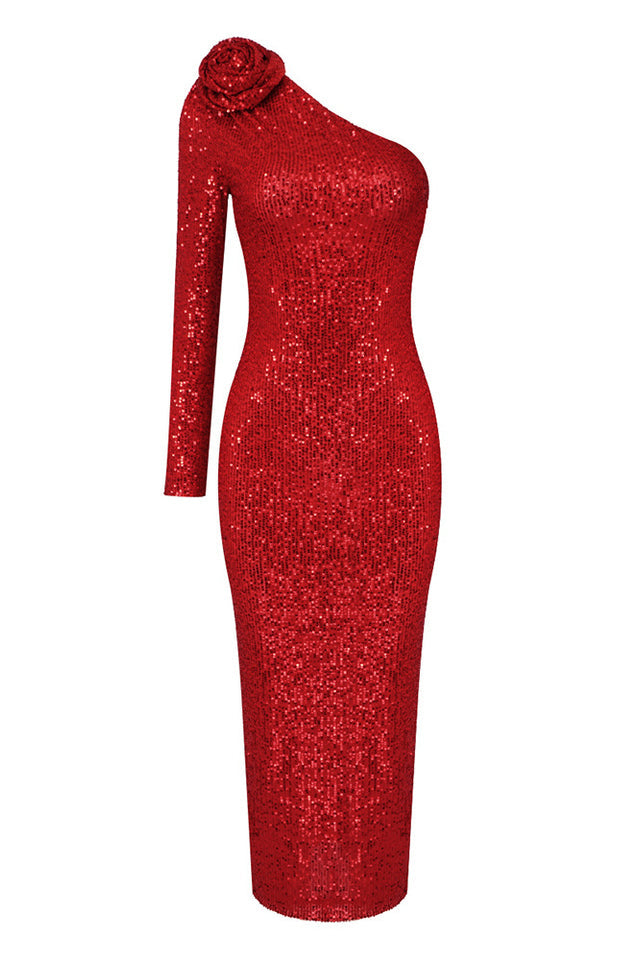 Sequin One Shoulder Long Sleeve Rosette Bodycon Midi Dress - View 10