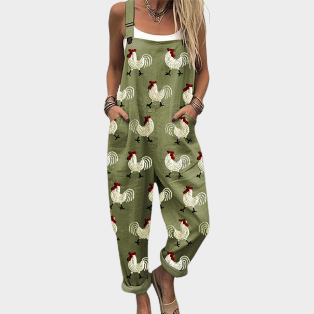 Rooster Print Sleeveless Pocket Overall Jumpsuit