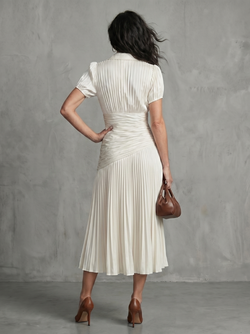 Striped Collared Short Sleeve Ruched Pleated Midi Dress 15