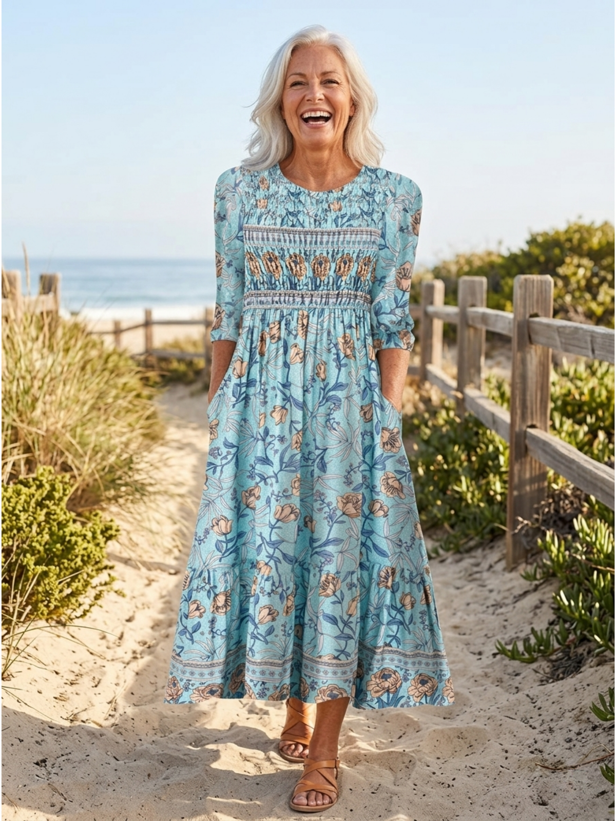 Floral Round Neck Smocked Bodice Three Quarter Sleeve Midi Dress 2