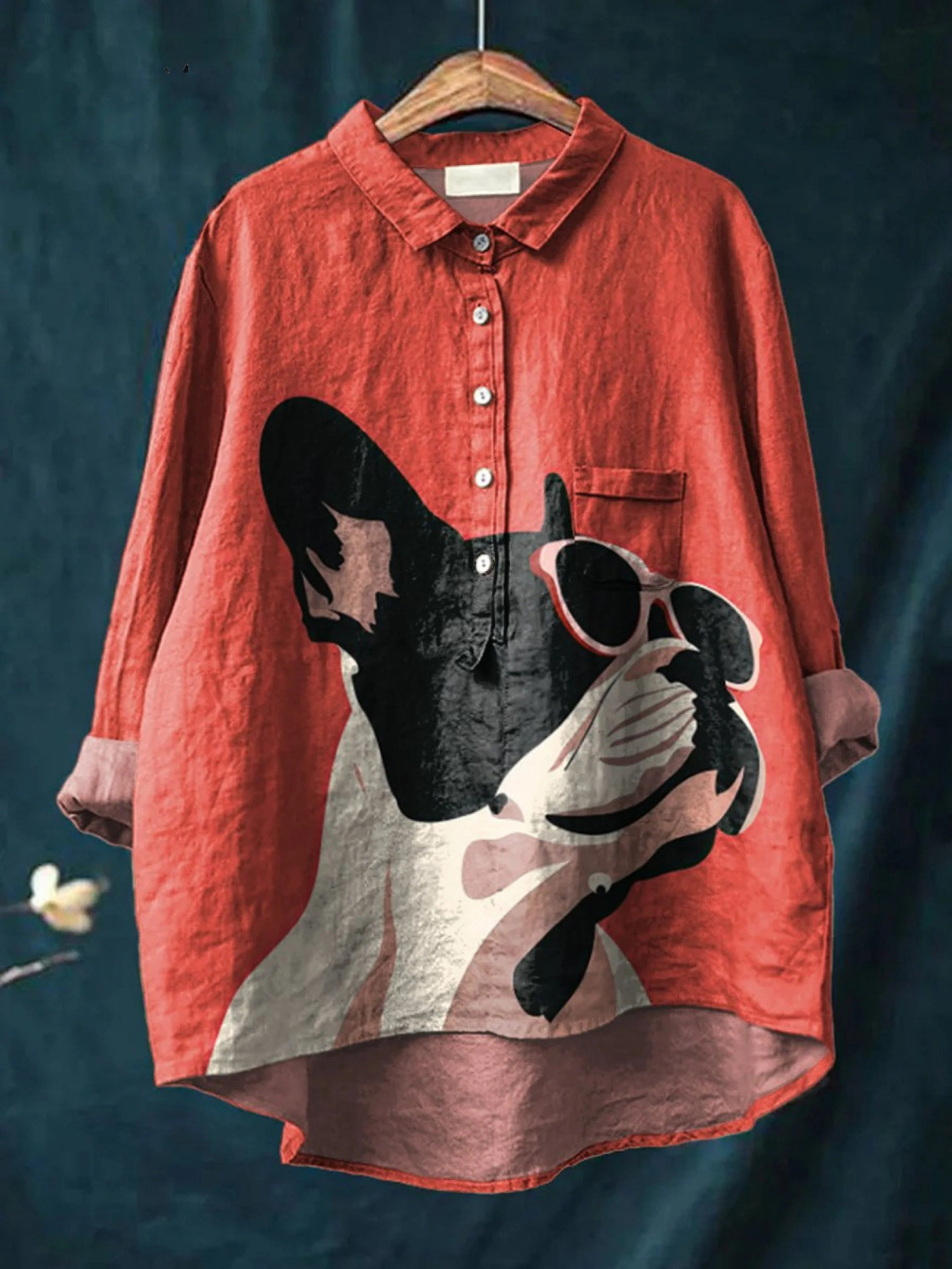 French Bulldog Print Collared Long Sleeve Button Down Shirt