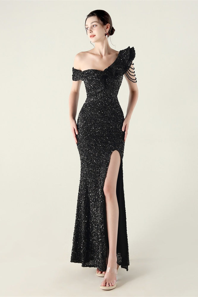 Sequin One Shoulder Ruffle High Split Mermaid Gown in Red