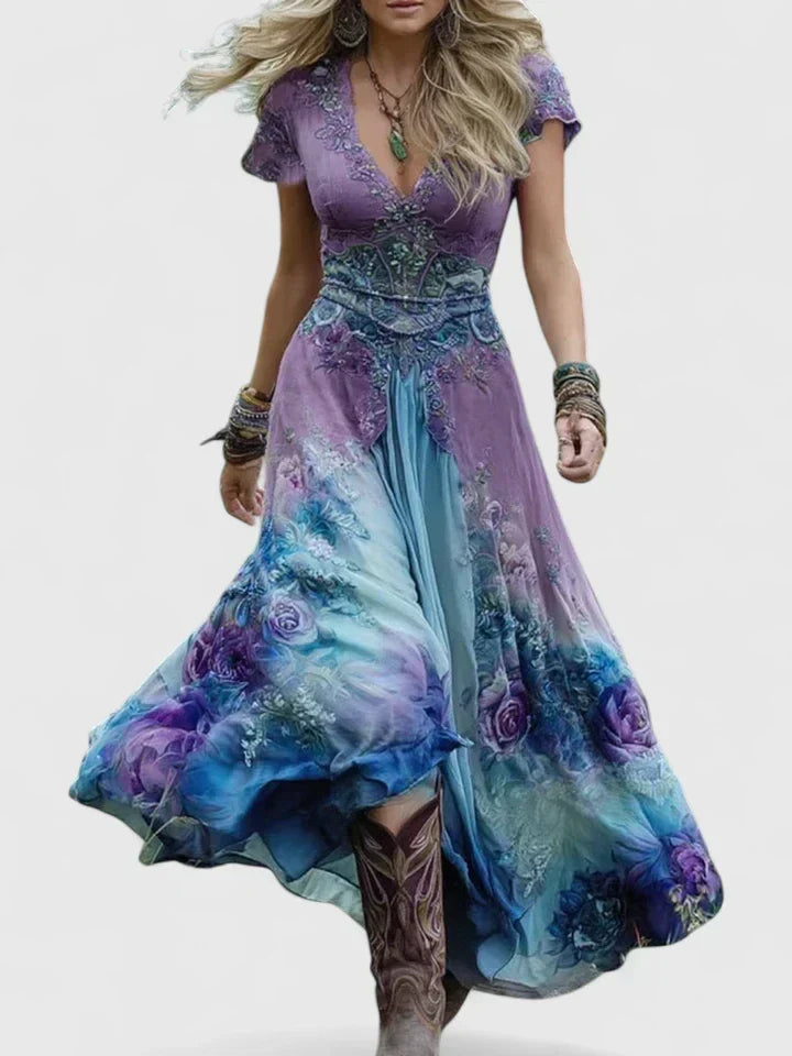 V-Neck Short Sleeve Floral Embellished Waist Maxi Dress 4