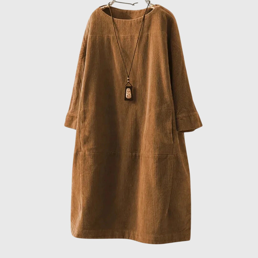 Corduroy Round Neck Long Sleeve Pocket Midi Dress 5