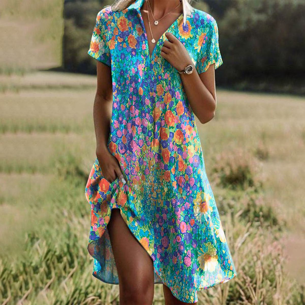 Ditsy Floral Collared Short Sleeve High Low Shirt Dress