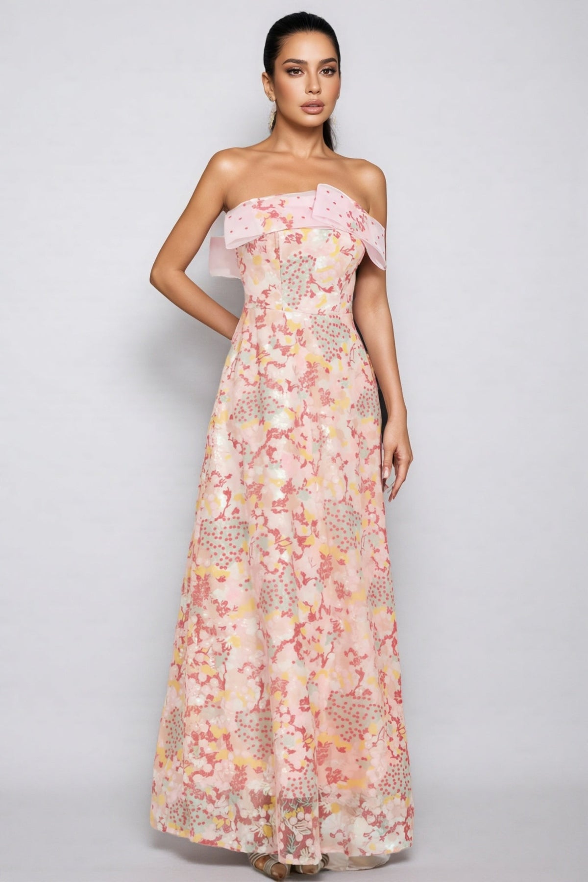 Floral Organza Strapless Corset A-Line Maxi Gown