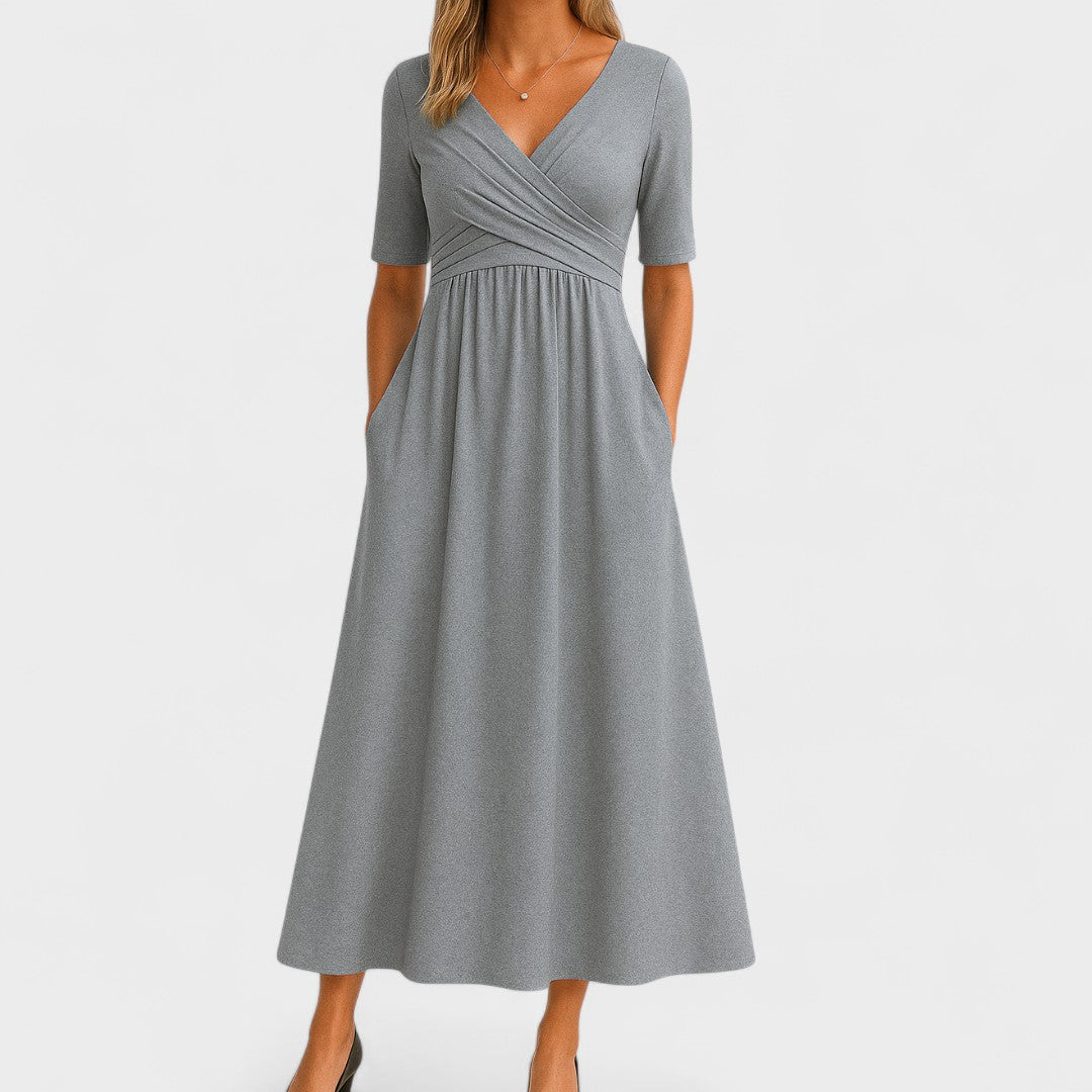 V-Neck Short Sleeve Ruched Waist Pocket A-Line Midi Dress