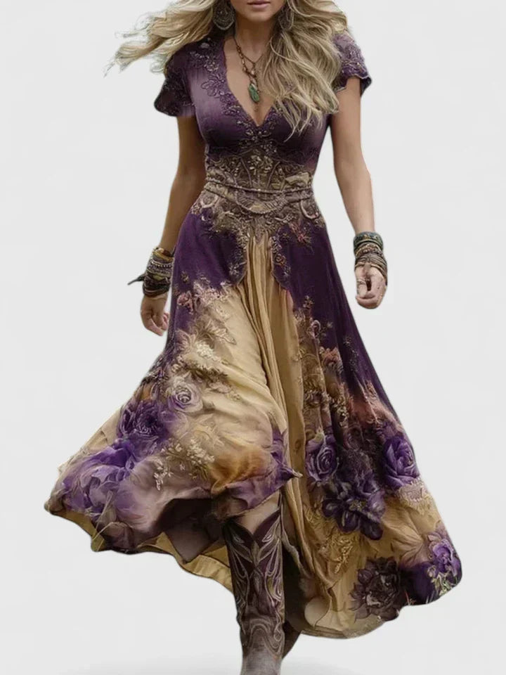 V-Neck Short Sleeve Floral Embellished Waist Maxi Dress 6