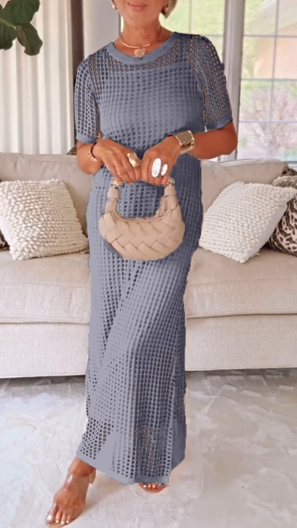 Crochet Hollow Out Short Sleeve Knit Maxi Cover Up Dress 7