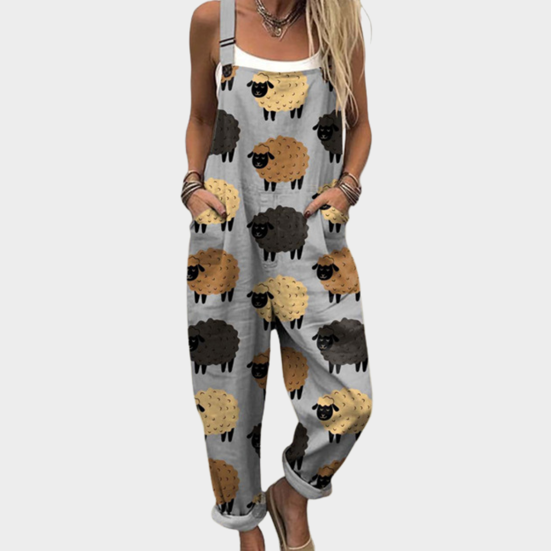 Sheep Print Sleeveless Pocket Overall Jumpsuit