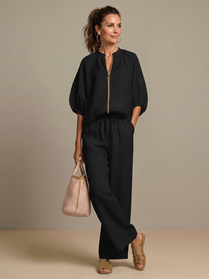 Puff Sleeve Zip Front Top and Wide Leg Pants Two Piece Set 13
