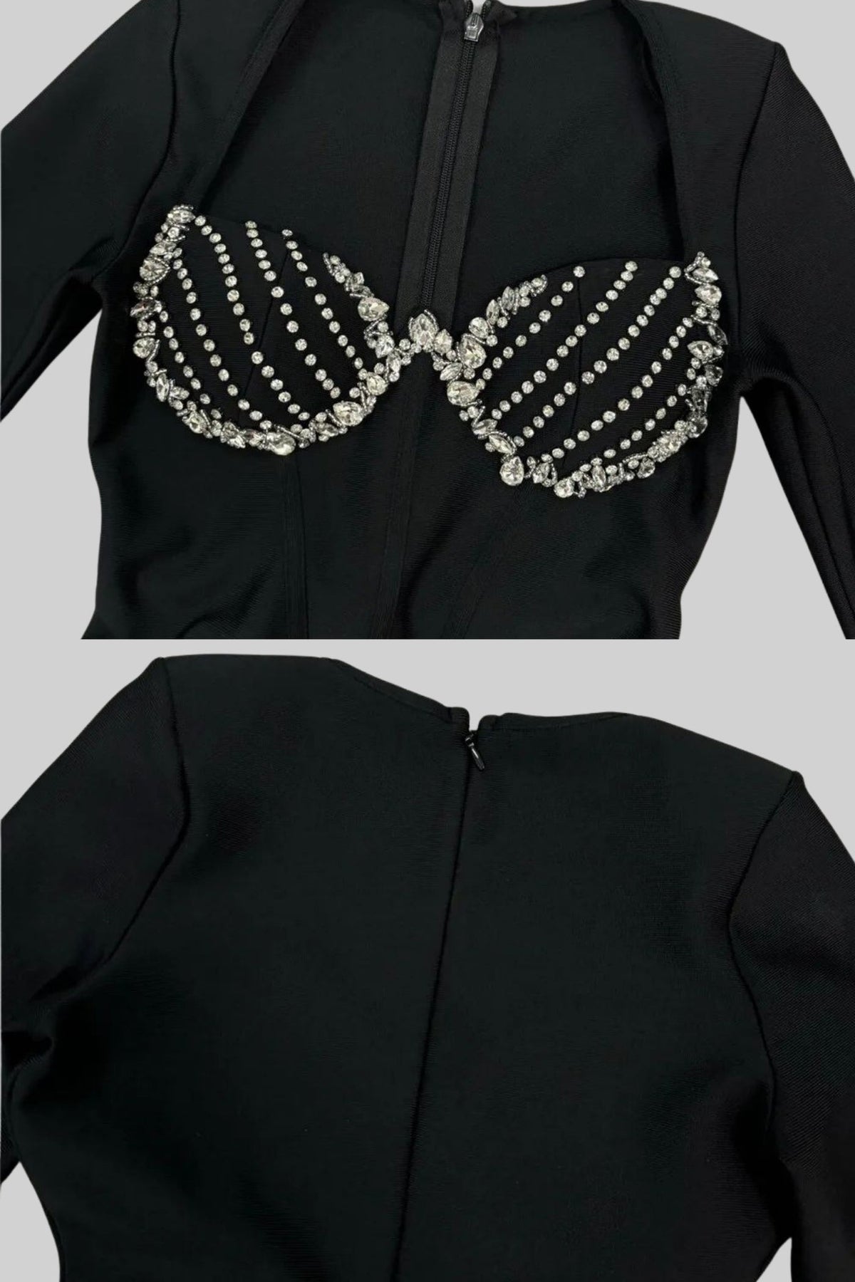 Rhinestone Corset Bustier Long Sleeve Bodycon Midi Dress - View 3