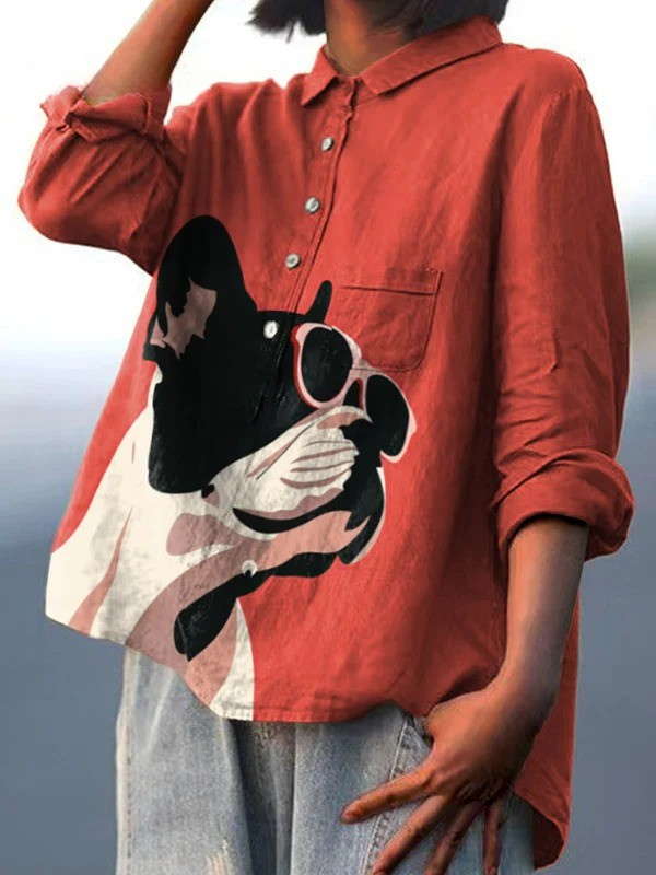 French Bulldog Print Collared Long Sleeve Button Down Shirt 2