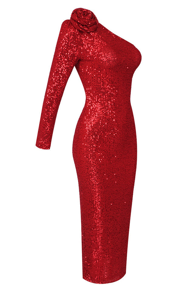 Sequin One Shoulder Long Sleeve Rosette Bodycon Midi Dress - View 11