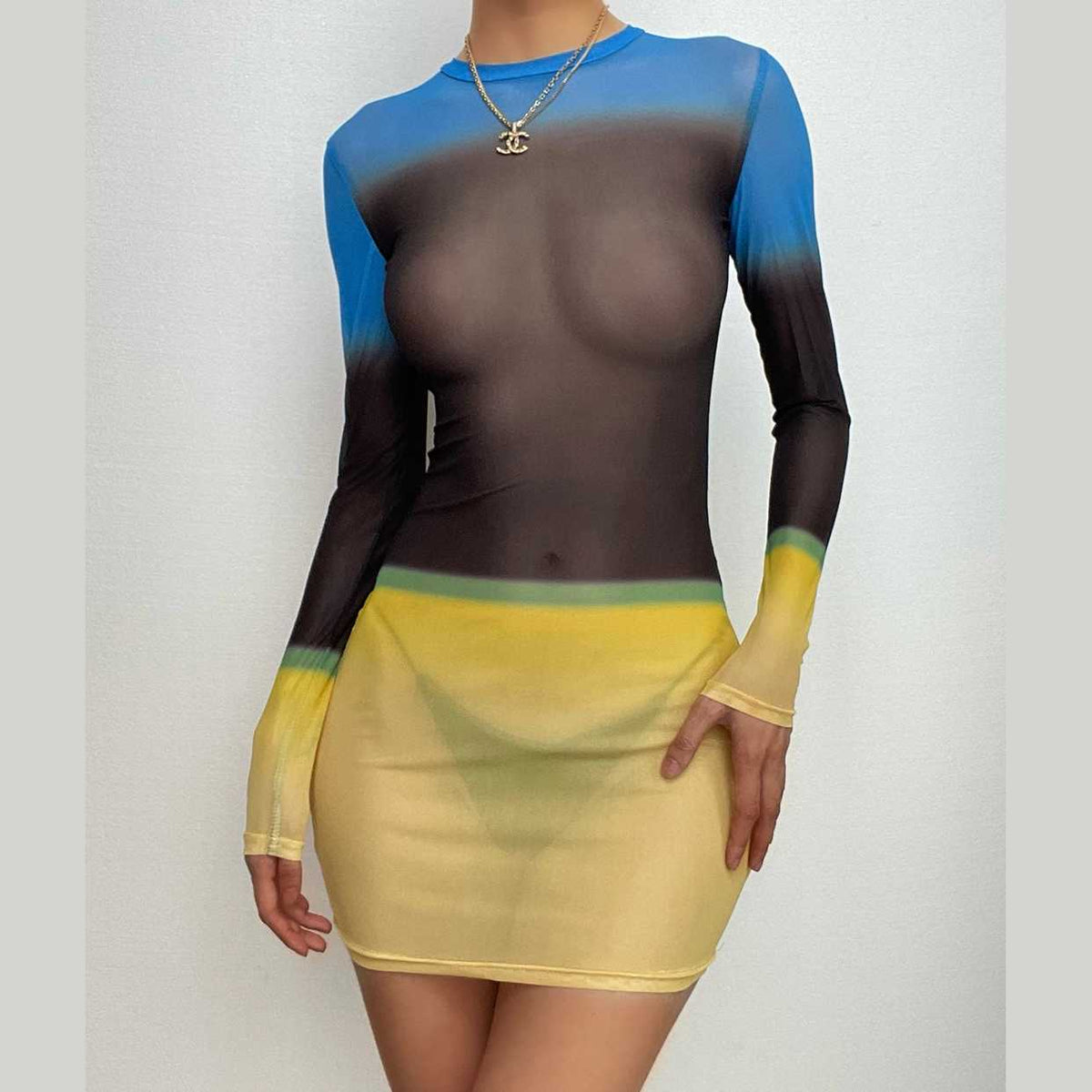 Contrast sheer mesh see through long sleeve crewneck mini dress - View 2