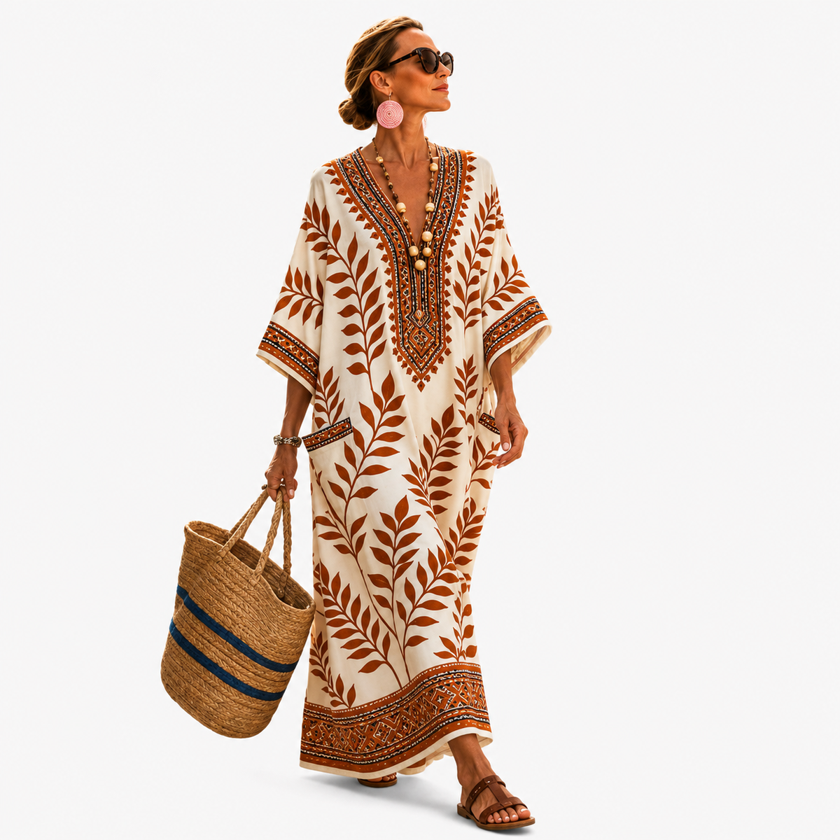 Fern Leaf Print V-Neck Long Sleeve Kaftan Maxi Dress