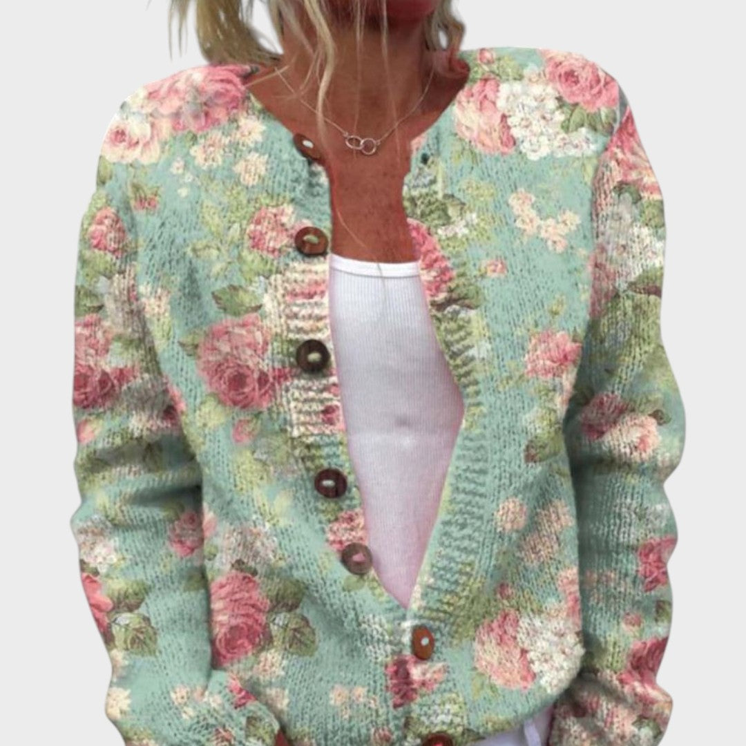 Floral Print Round Neck Button Front Knit Cardigan