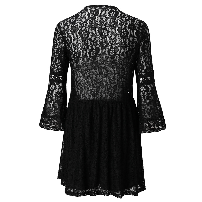 Floral Lace Deep V-Neck 3/4 Sleeve Crochet Trim A-Line Mini Dress - View 3