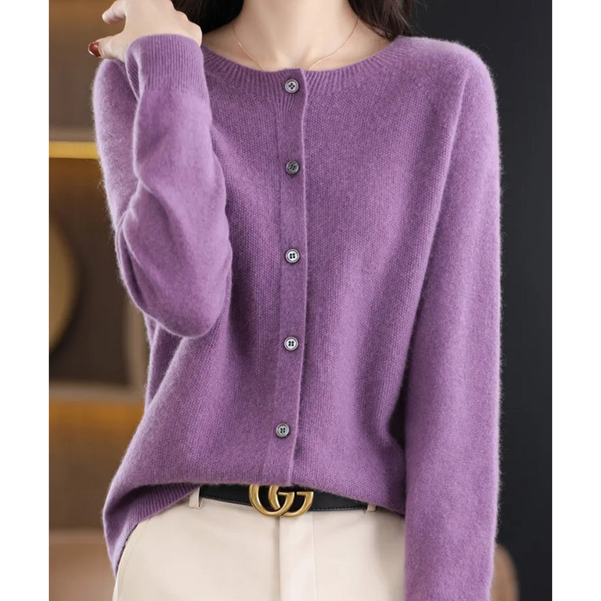 Round Neck Button Front Long Sleeve Knit Cardigan 10