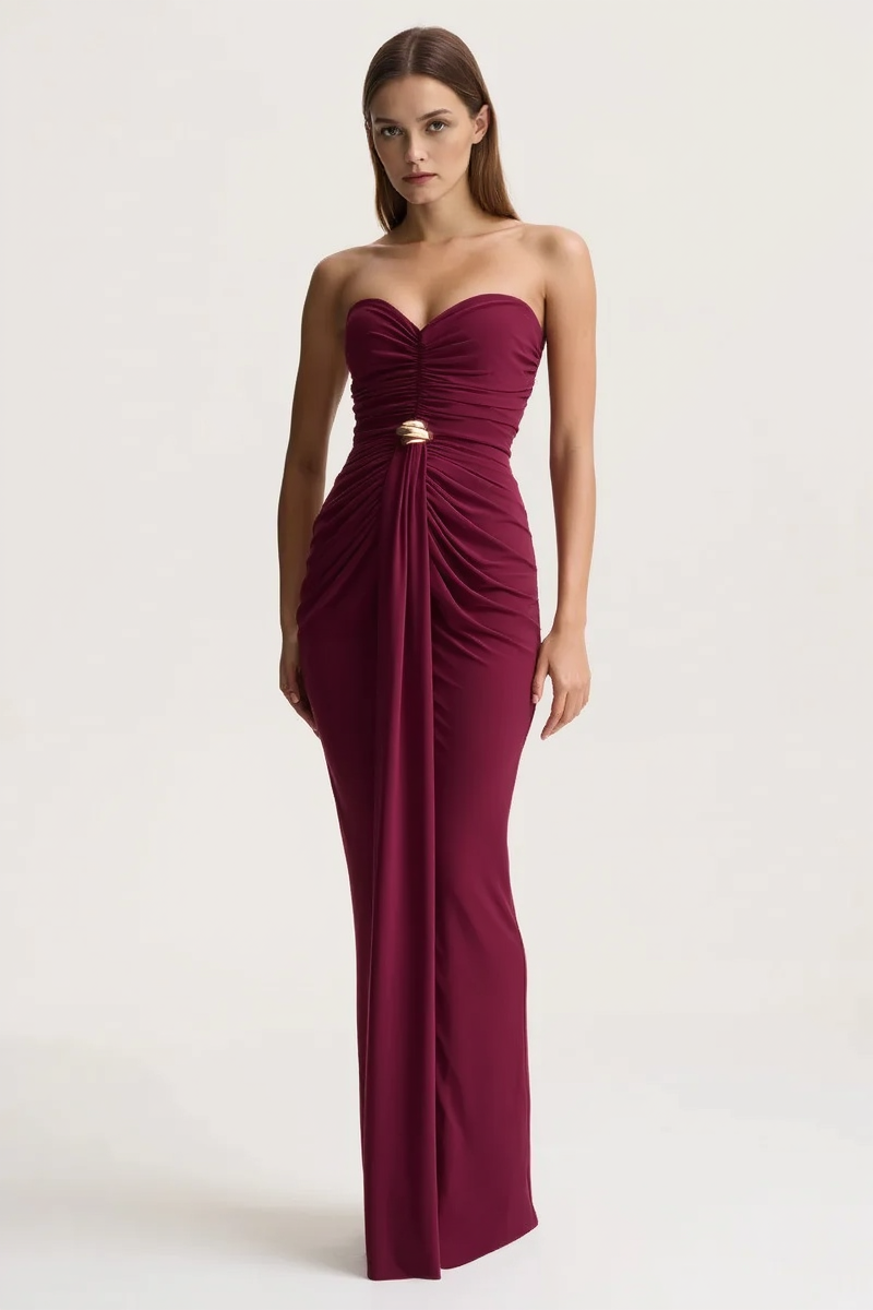 Sleeveless Ruched Waist Cinched Sash Strapless Party Dress