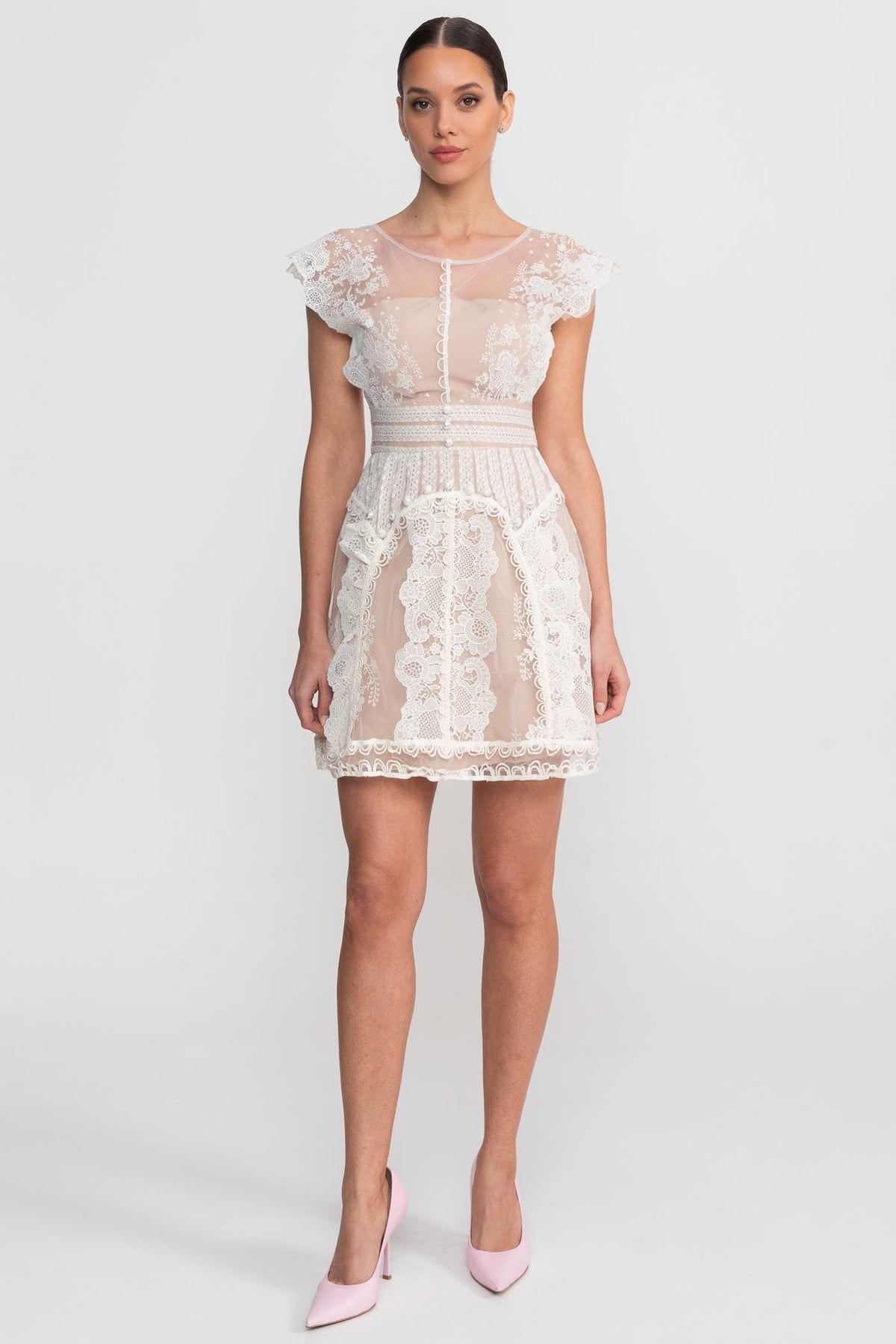 Lace Sheer Mesh Yoke Cap Sleeve Pearl Button A-Line Mini Dress