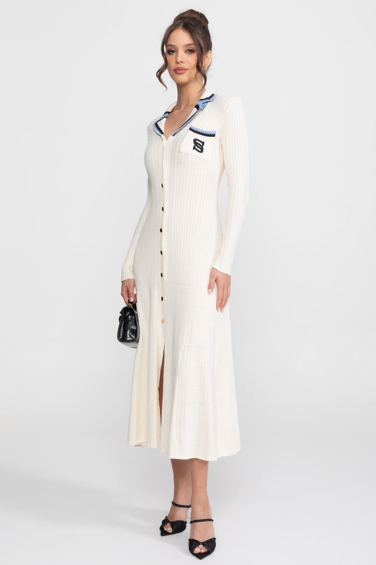Long Sleeve Knit Midi Dress - Ivoire - View 5