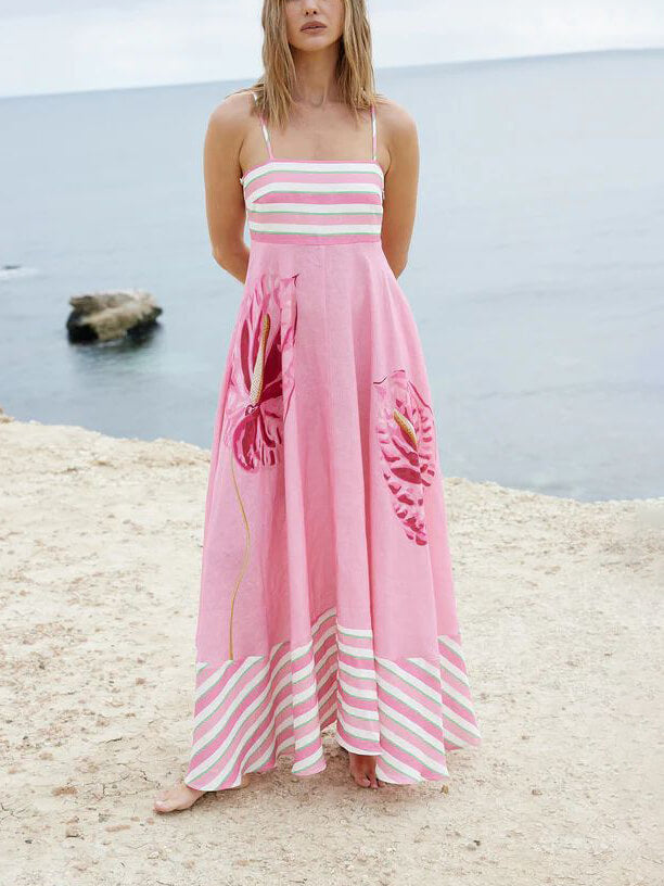 Striped Spaghetti Strap Smocked Tiered Flowy Maxi Dress 5
