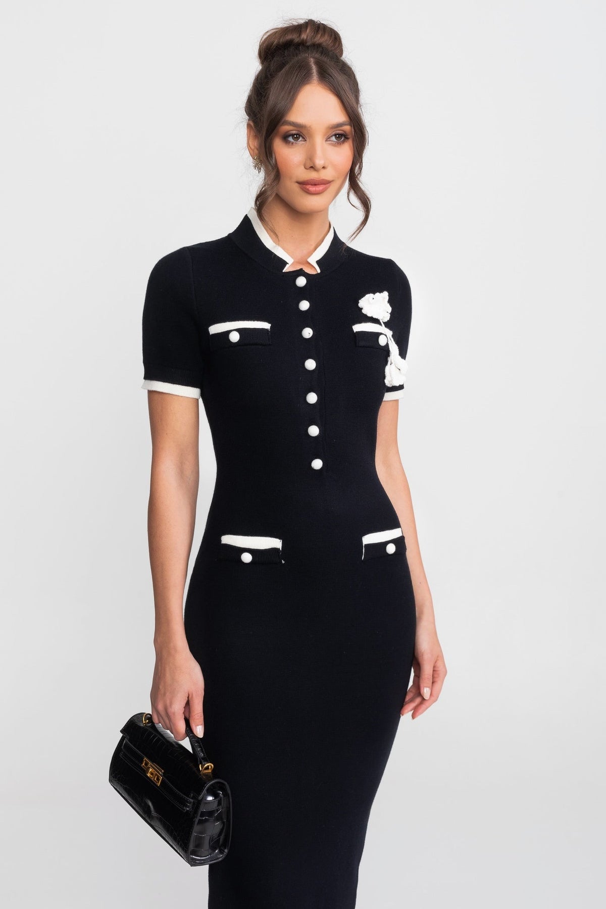 Ribbed Knit Midi Dress - Black - View 3
