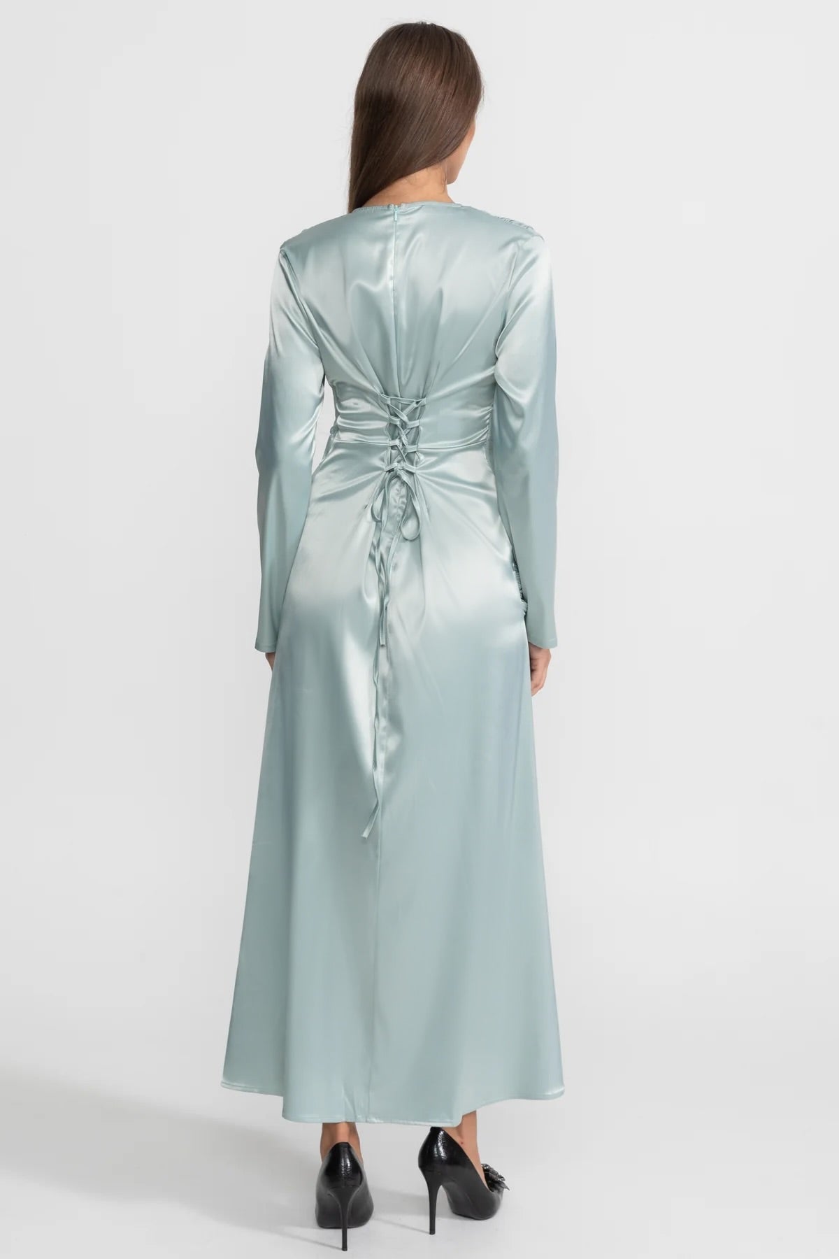 Satin Midi Dress with Draped Overlay and Knot Detail - Teal - View 2