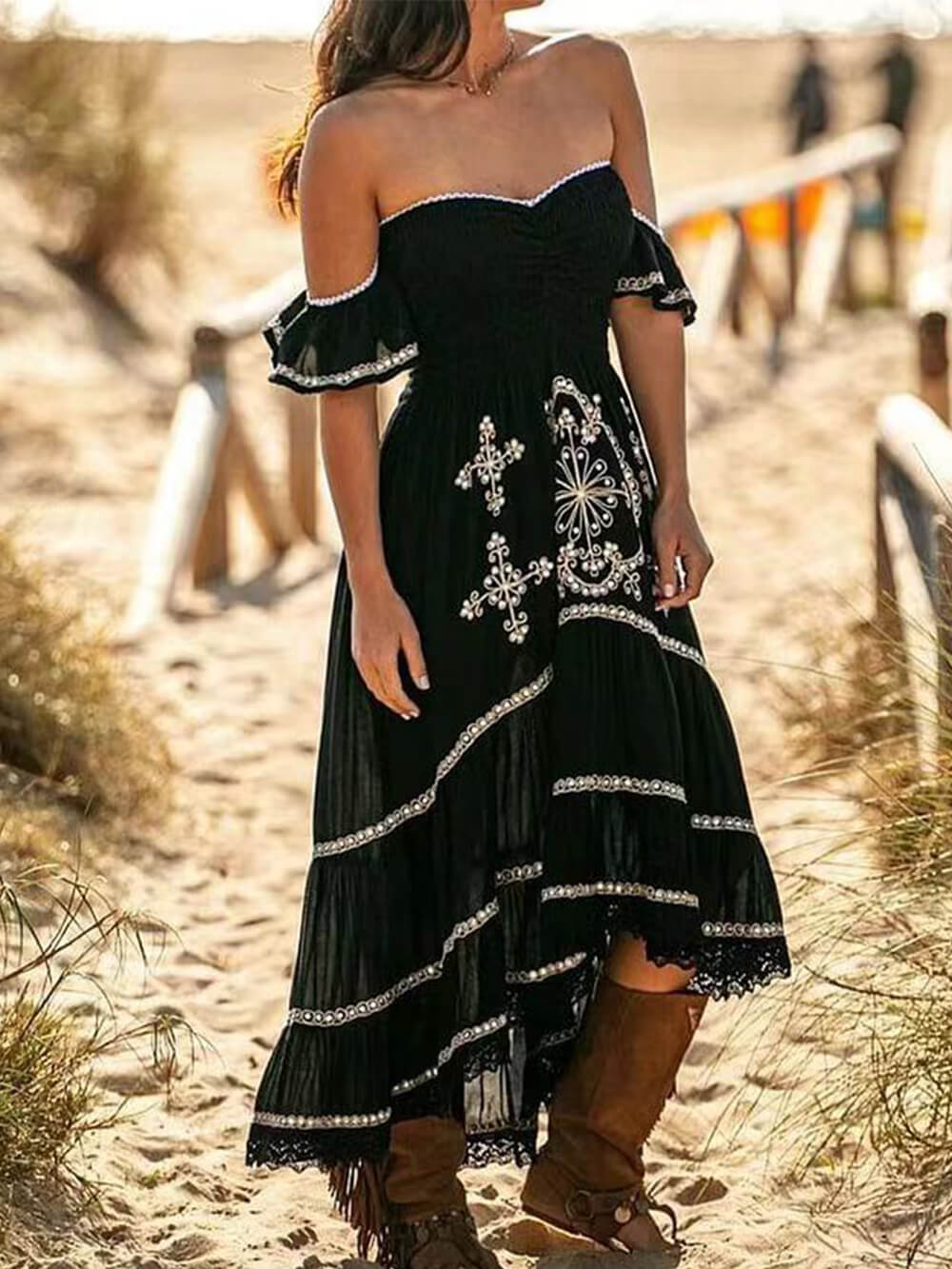 Off Shoulder Smocked Embroidered Tiered High Low Lace Trim Maxi Dress