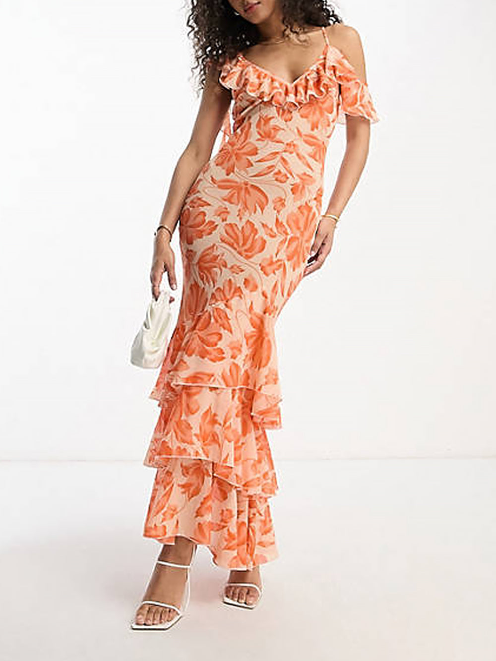 Shoulder Asymmetric Maxi Dress In Orange Floral Jacquard - View 5
