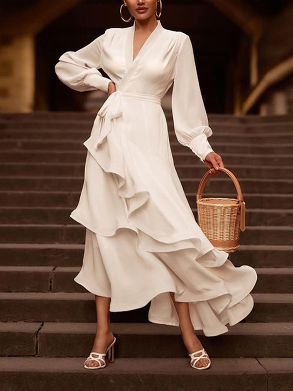 Wrap Deep V-Neck Bishop Sleeve Tiered Ruffle Maxi Dress - View 3