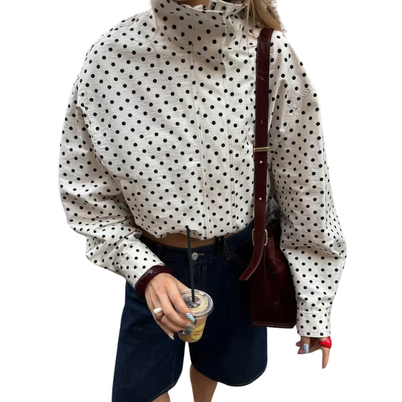Polka Dot High Neck Long Sleeve Faux Leather Shirt Jacket