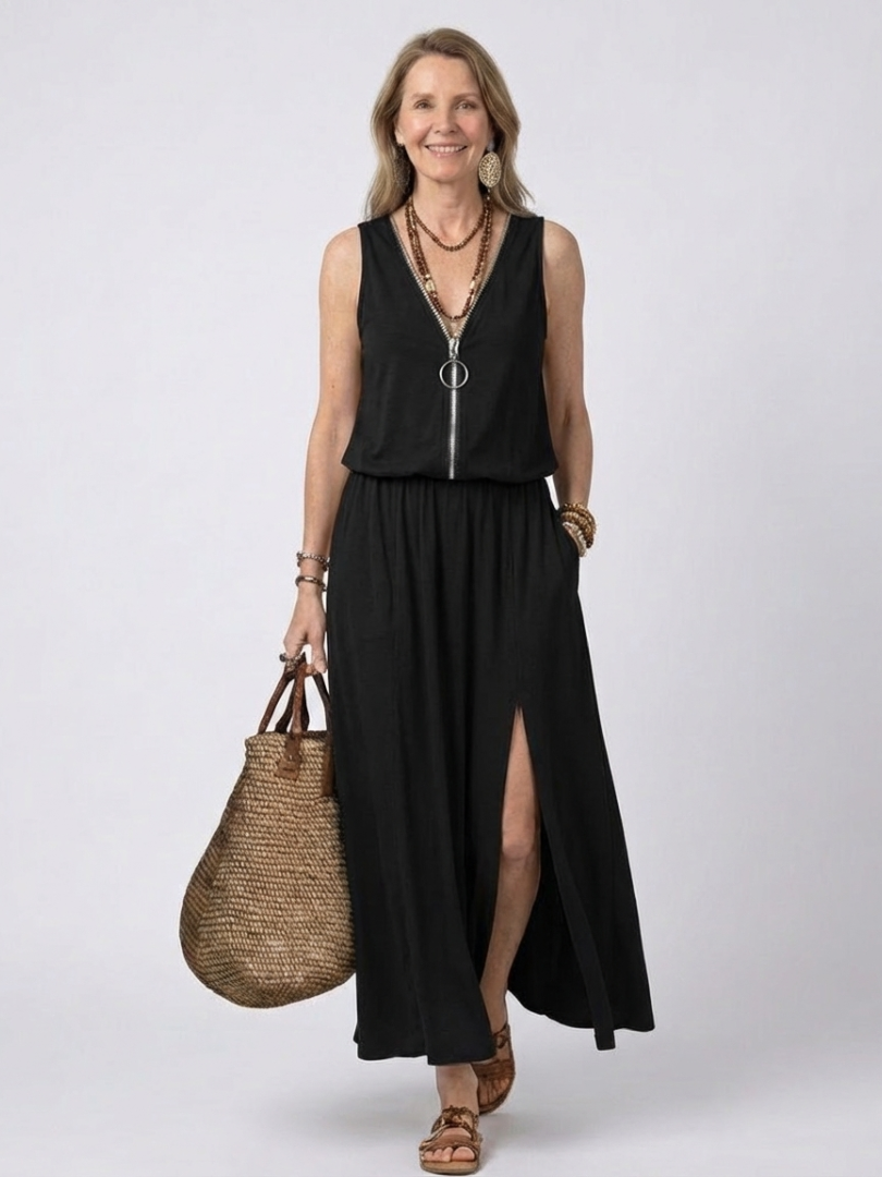 Zip Front V-Neck Sleeveless High Split Maxi Dress