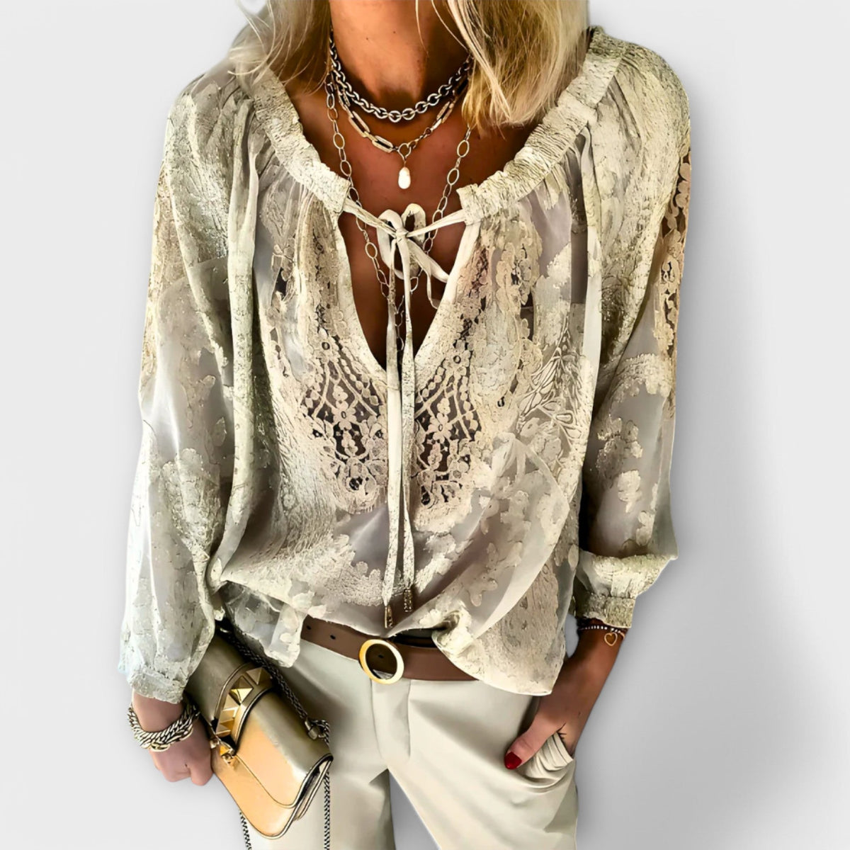 Lace V-Neck Tie Neck Long Sleeve Boho Blouse 4