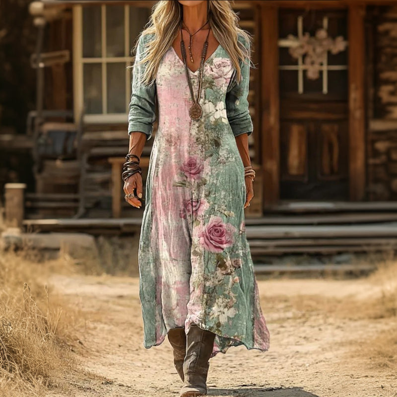 Rose Floral V-Neck Long Sleeve Maxi Dress