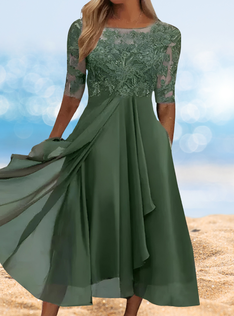 Lace Illusion Neck Elbow Sleeve Bodice Pocket A-Line Midi Dress