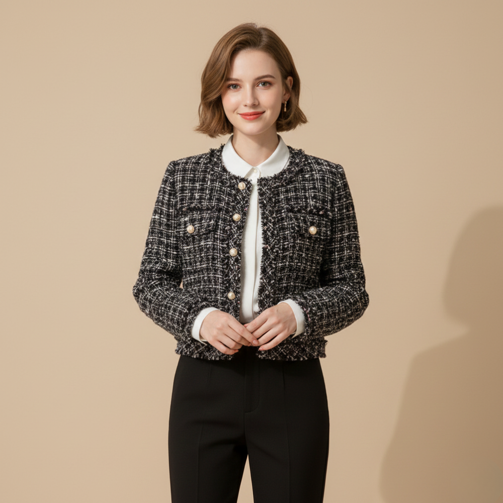 Tweed Check Round Neck Button Front Cropped Jacket 2